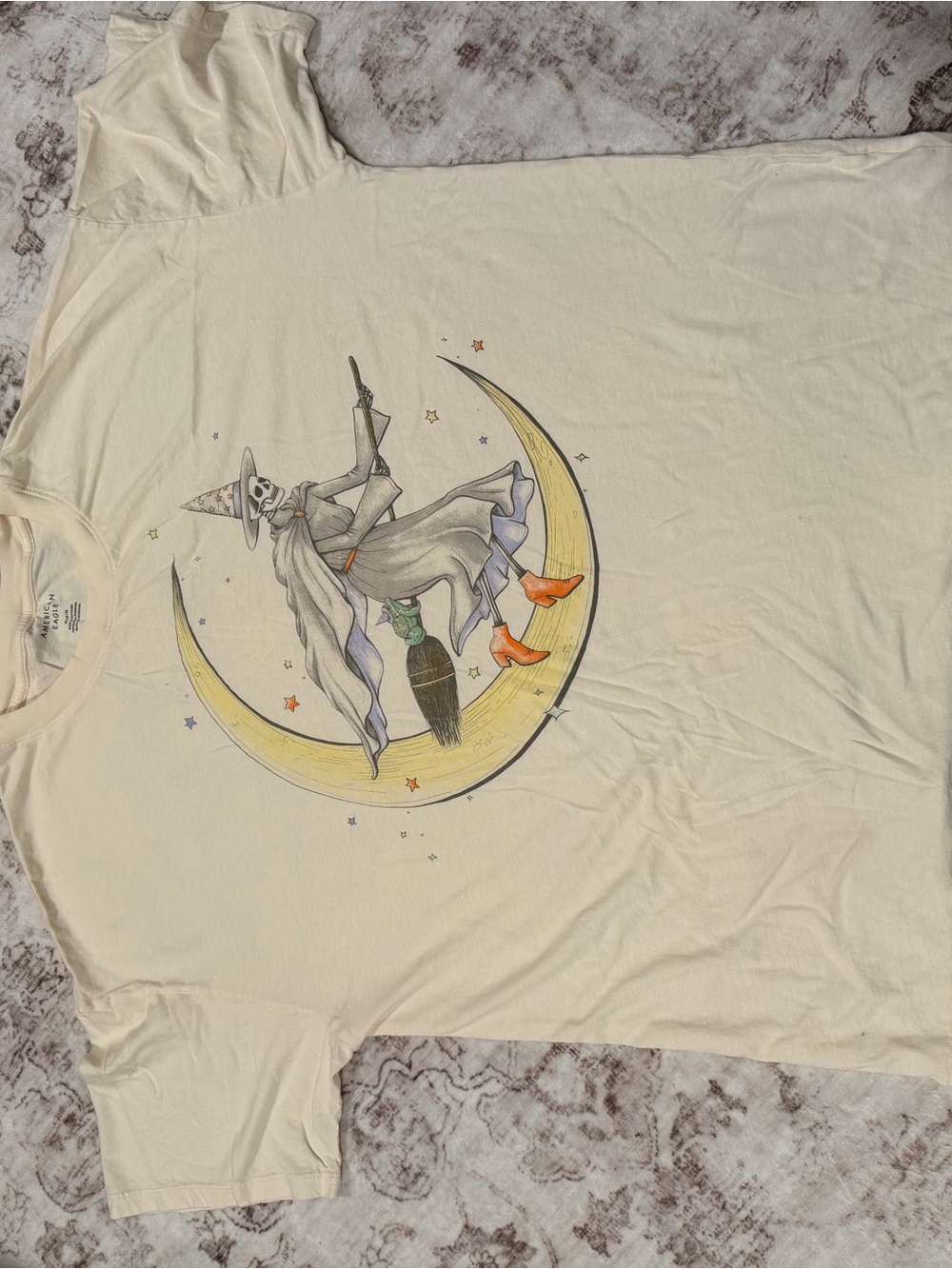 American Eagle Outfitters Cream Graphic Tee with Witch-on-Moon